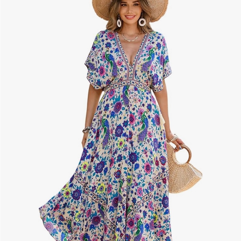 Bohemian Floral Maxi Dress with V-Neck Medium Adjustable Back and Front